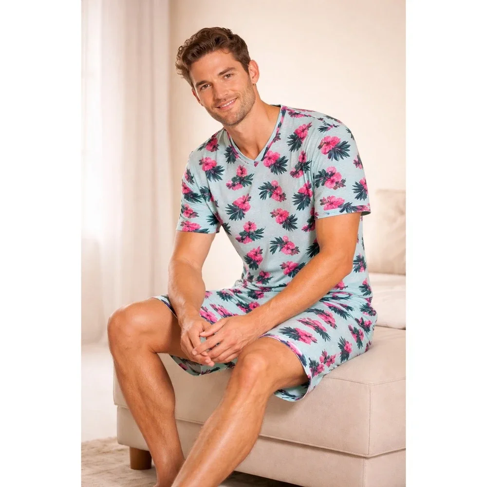 Cosabella Men's Pima Cotton Modal‎ Printed Pajama Set V-Neck Short Sleeve,Shorts